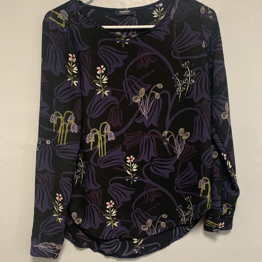 Premise Multicolored (Blue, Black, Floral) Long Sleeve Blouse